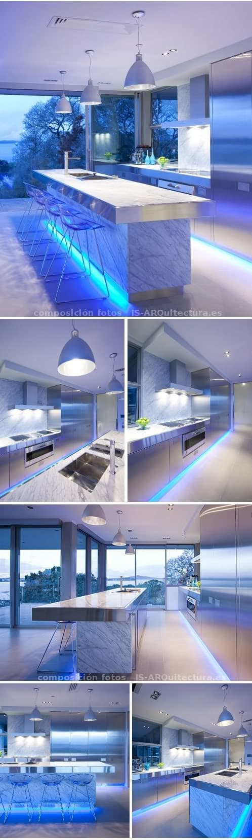 moderna-cocina-azul-inox-2 moderna-cocina-con mármol, acero inoxidable y luz inferior azul