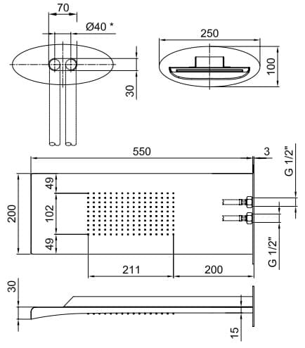 Dibujo con las dimensiones del cabezal de ducha Aria, de Webert.