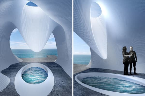piscina interior inspirada en cuevas submarinas en un centro de buceo en Bulgaria.