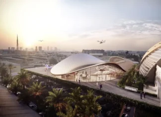 Terminal de taxis aéreos en Dubái, diseñada por Foster + Partners render aéreo vertipuerto de Dubai