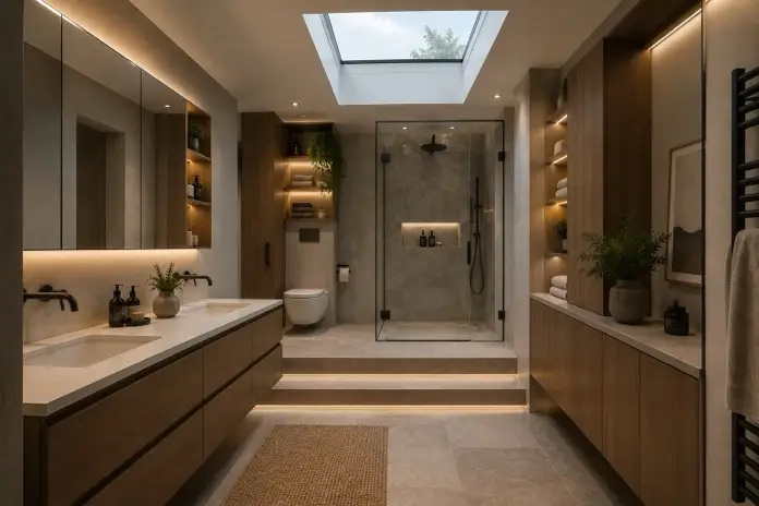 mobiliario de baño con lucernario y dos niveles
